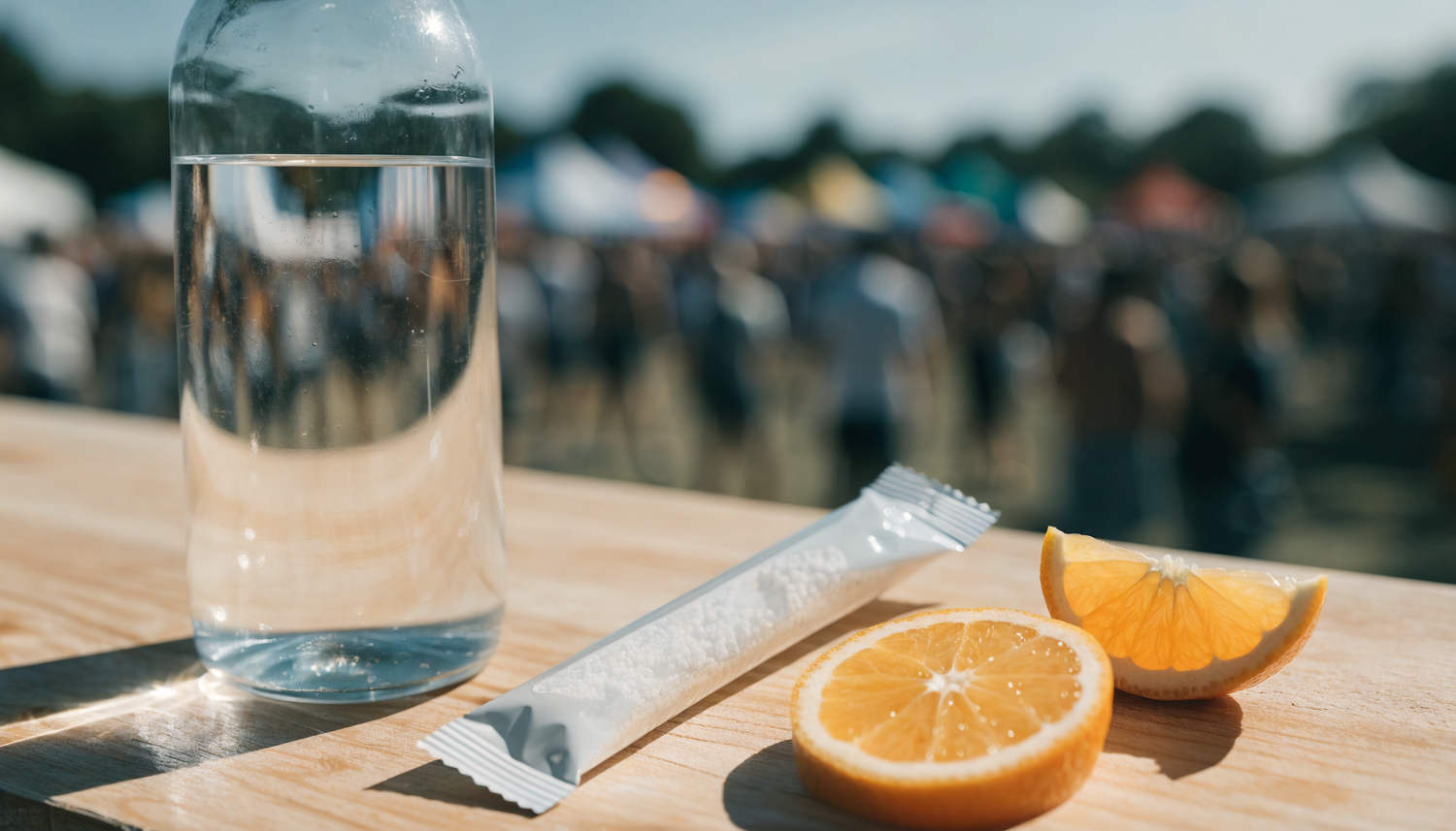 Stick electrolytes et bouteille d'eau dans une ambiance festival ete